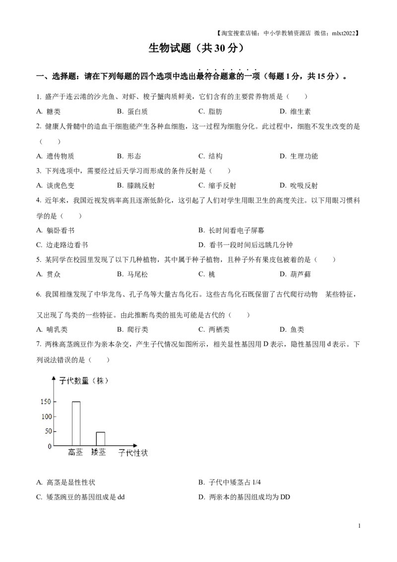 精品解析：2025年江苏省连云港市中考生物真题（原卷版）(1)_江苏省中考_01江苏省13市中考历年真题2008-2025新_、中考全套_江苏省中考历年真题_江苏省中考2025合集_江苏省生物2025