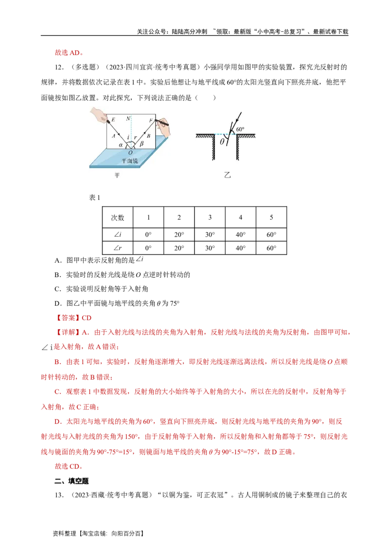 专题04光现象（真题训练）解析版）_02中考总复习（2026版更新中）_04-物理-中考总复习_2024年中考复习资料_一轮复习_更新2024年中考物理一轮复习精品资料_配套练习
