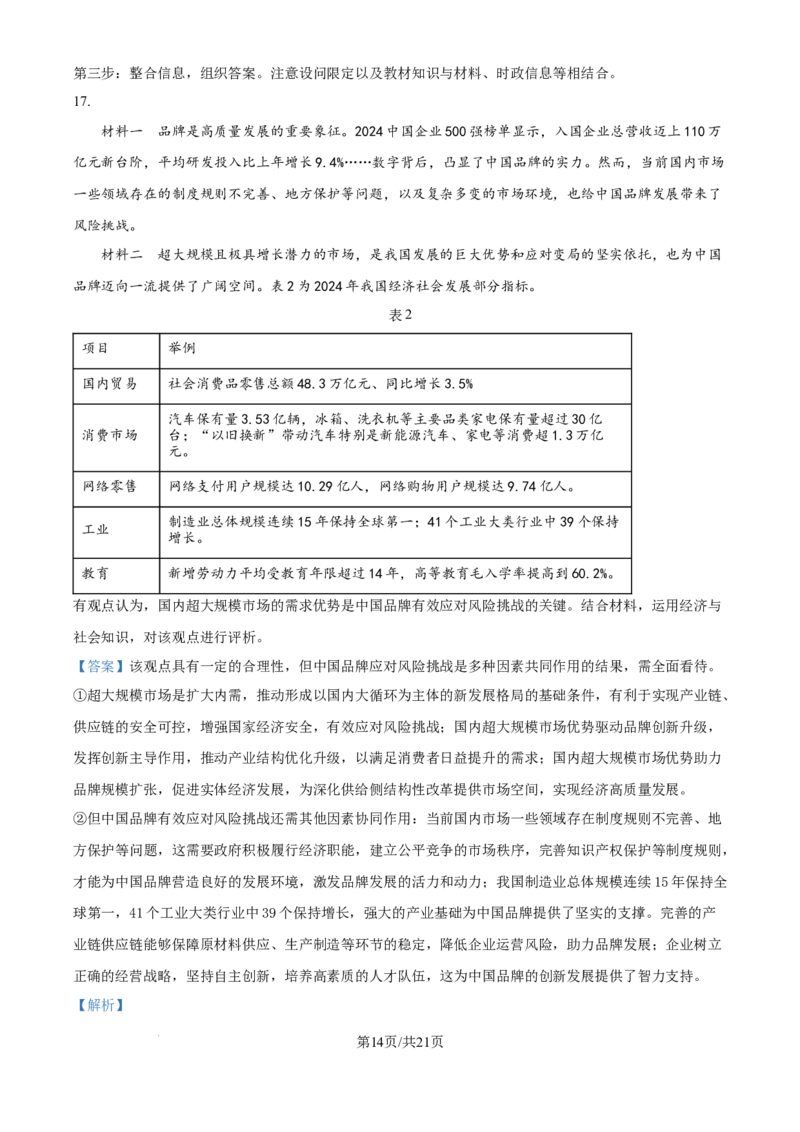 2025年山东高考政治试题（解析版）_2025全国各省高考真题+答案_24、山东卷（物理、政治、化学、历史、生物、地理）_参考版本2