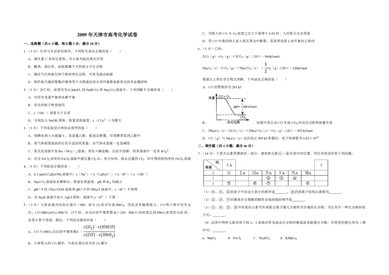 2009年天津市高考化学试卷_全国卷+地方卷_5.化学_1.化学高考真题试卷_2008-2020年_地方卷_天津高考化学2007-2021_A3word版_PDF版（赠送）