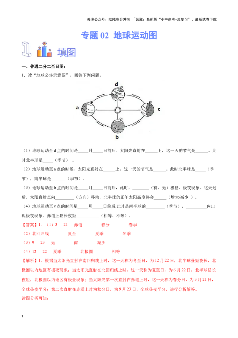 专题02地球运动图-备战2024年中考地理识图速记手册与变式演练（全国通用）（解析版）_02中考总复习（2026版更新中）_09-地理-中考总复习_2024年中考复习资料_专项复习资料_答案解析版