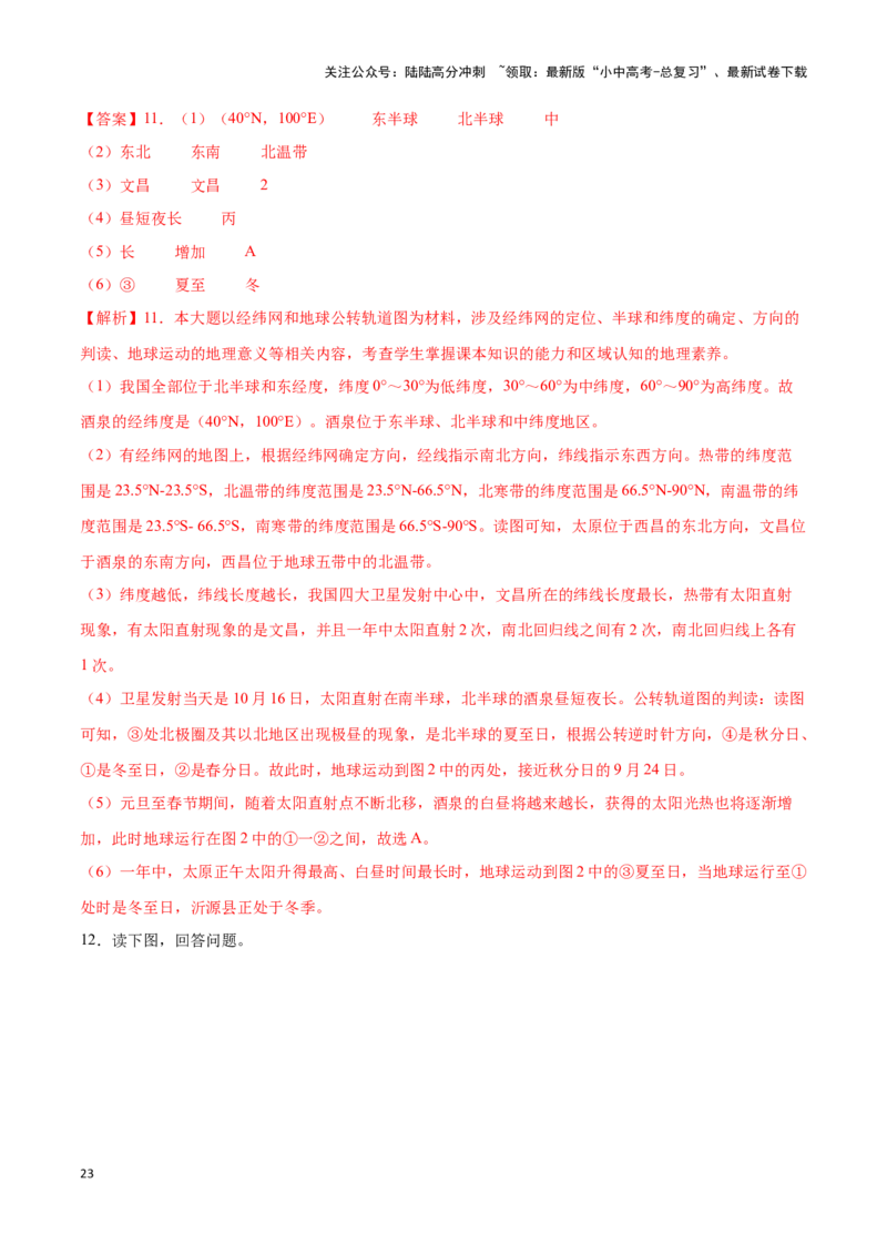 专题02地球运动图-备战2024年中考地理识图速记手册与变式演练（全国通用）（解析版）_02中考总复习（2026版更新中）_09-地理-中考总复习_2024年中考复习资料_专项复习资料_答案解析版