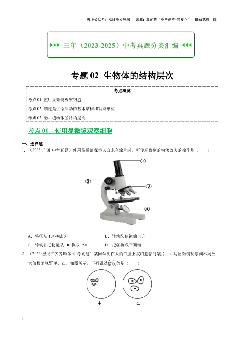 专题02生物体的结构层次（全国通用）（原卷版）_02中考总复习（2026版更新中）_08-生物-中考总复习_2026年中考复习（更新中）