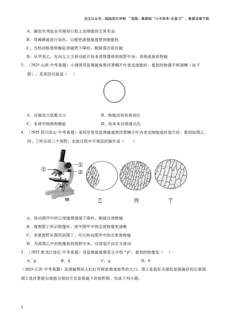 专题02生物体的结构层次（全国通用）（原卷版）_02中考总复习（2026版更新中）_08-生物-中考总复习_2026年中考复习（更新中）