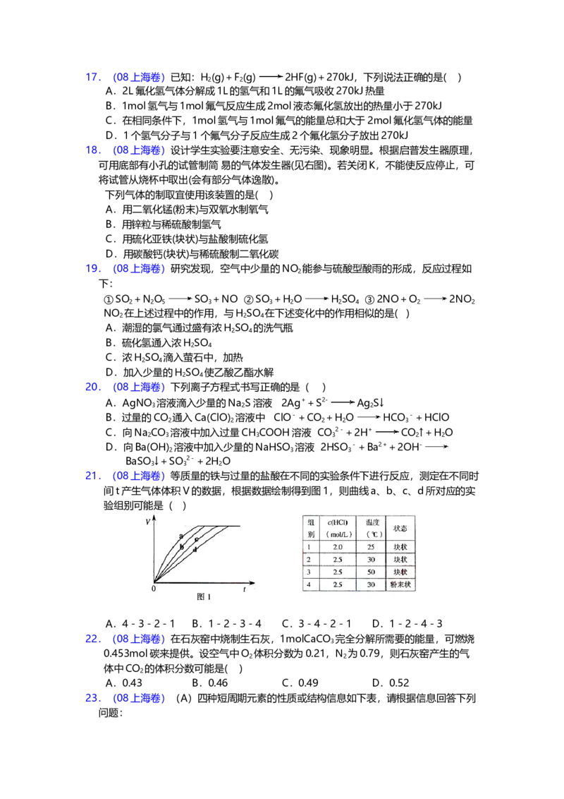 2008年上海市高中毕业统一学业考试化学试卷（word解析版）_全国卷+地方卷_5.化学_1.化学高考真题试卷_2008-2020年_地方卷_上海高考化学真题2001-2019