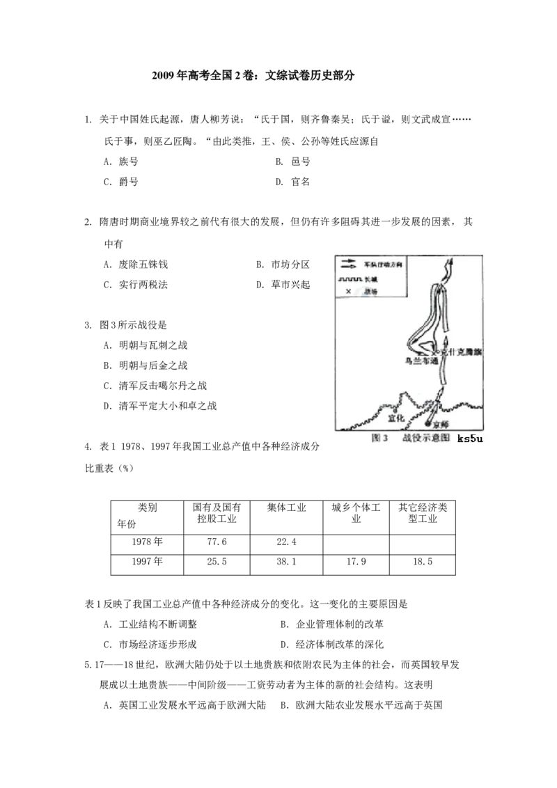 2009高考贵州卷文综历史试题及答案_全国卷+地方卷_7.历史_1.历史高考真题试卷_2008-2020年_地方卷_贵州高考历史08-20