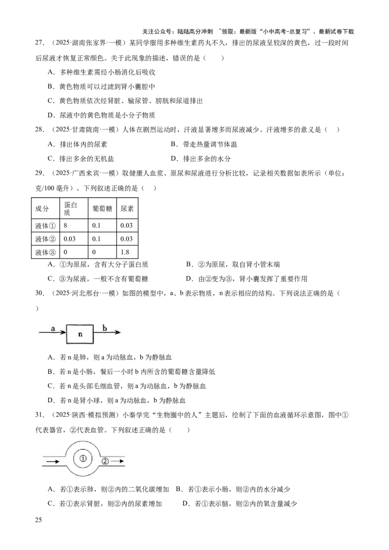 专题04人体生理与健康（一）（4大答题模板）（原卷版）_02中考总复习（2026版更新中）_08-生物-中考总复习_2025中考复习资料_2025年中考生物答题方法模板