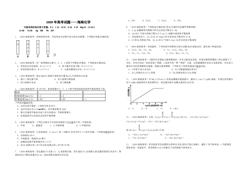 2009年海南高考化学试题及答案_全国卷+地方卷_5.化学_1.化学高考真题试卷_2008-2020年_地方卷_海南高考化学2008-2020_A3word版_PDF版（赠送）