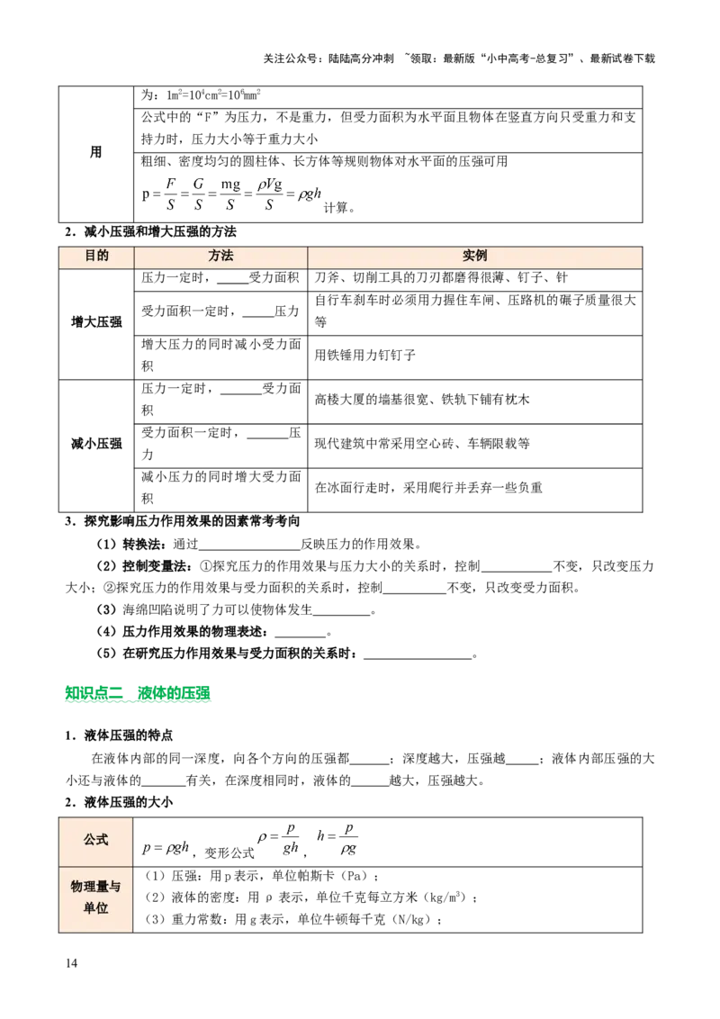 专题04密度、压强和浮力（讲练）（原卷版）_02中考总复习（2026版更新中）_04-物理-中考总复习_2025年中考复习资料_2025中考二轮课件ppt+讲义+练习物理_讲义+练习