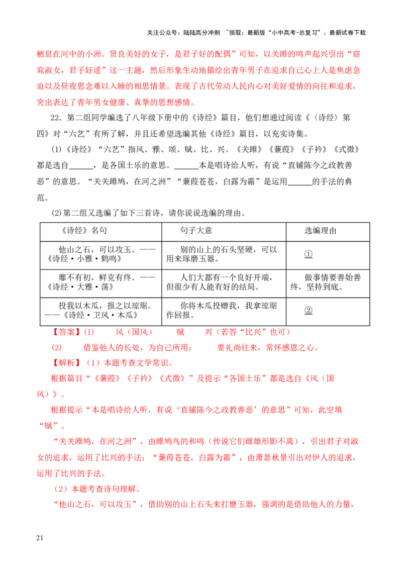 专题04《诗经》第四-2024年中考语文复习之《经典常谈》章节阅读与训练（解析版）_02中考总复习（2026版更新中）_01-语文-中考总复习_2024年中考资料_专项复习资料