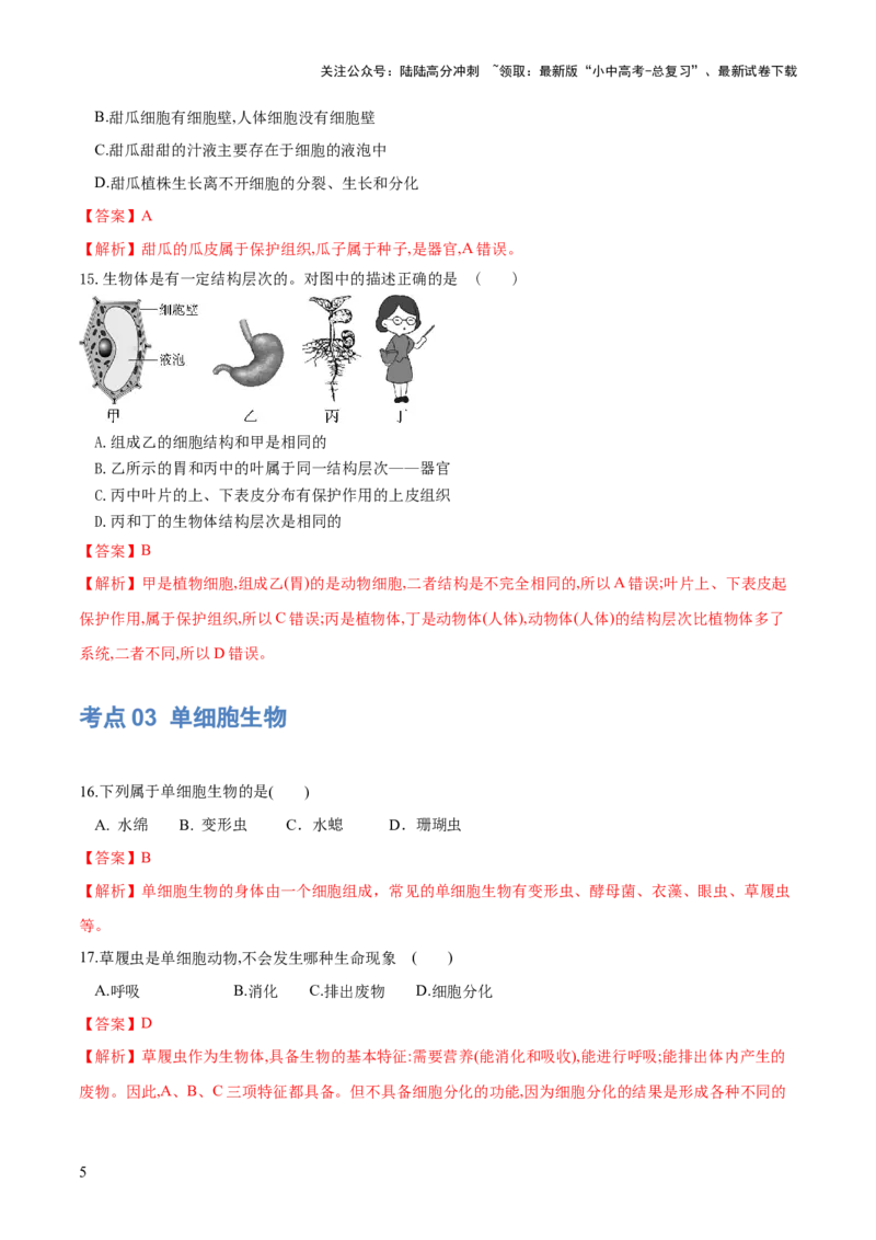 专题03细胞怎样构成生物体（练习）（解析版）_02中考总复习（2026版更新中）_08-生物-中考总复习_2024年中考复习资料_一轮复习_❤2024年中考生物一轮复习讲练测（全国通用）_练习