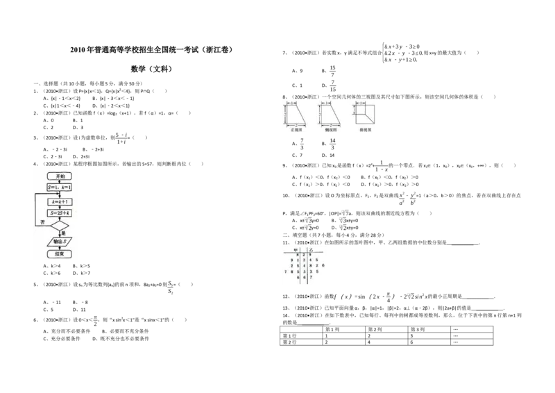 2010年浙江省高考数学文（原卷版）_全国卷+地方卷_2.数学_1.数学高考真题试卷_2008-2020年_地方卷_浙江高考数学08-23_A3word版_原卷版（建议只打印原卷版，解析版手机对答案即可）