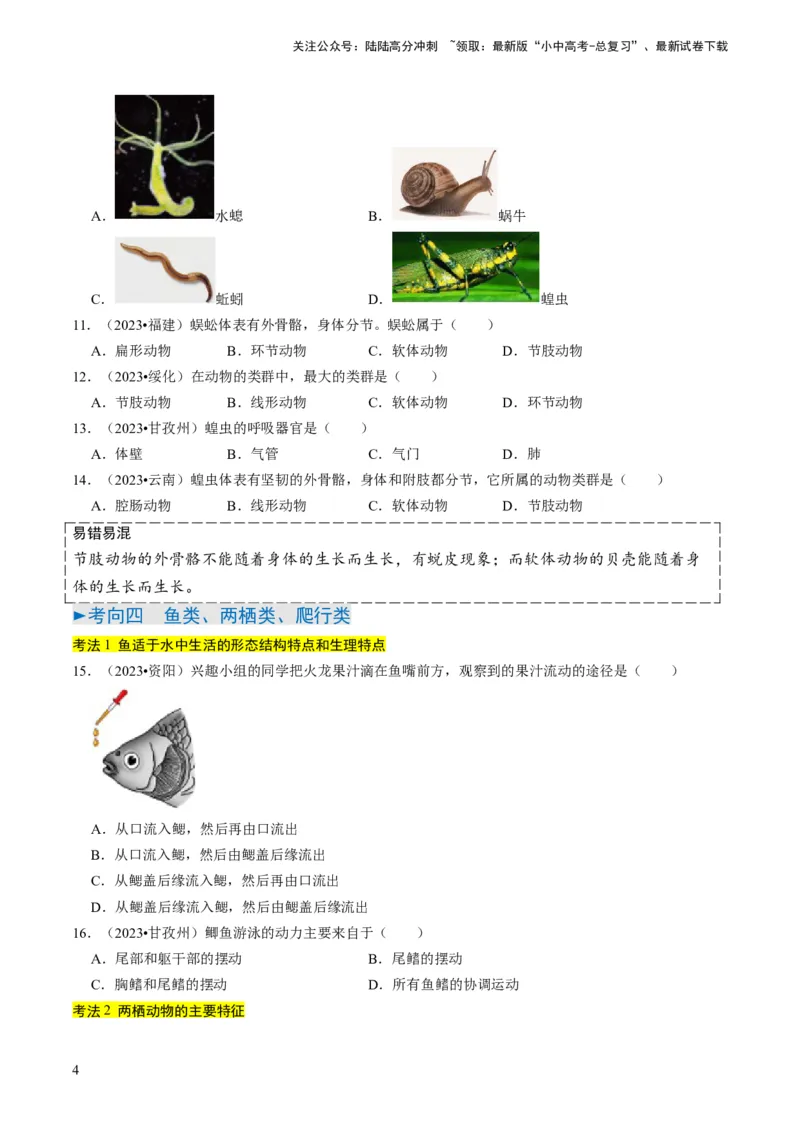 专题02动物的主要类群（原卷版）_02中考总复习（2026版更新中）_08-生物-中考总复习_2024年中考复习资料_专项复习_备战2024年中考生物真题题源解密