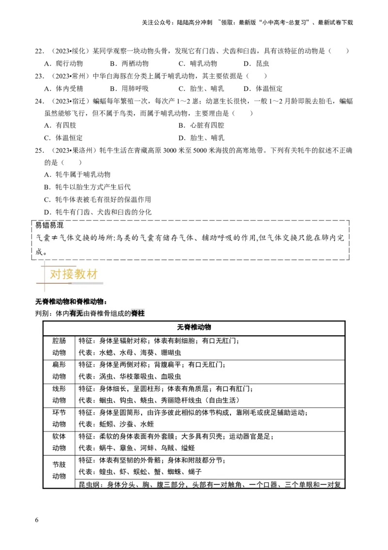 专题02动物的主要类群（原卷版）_02中考总复习（2026版更新中）_08-生物-中考总复习_2024年中考复习资料_专项复习_备战2024年中考生物真题题源解密