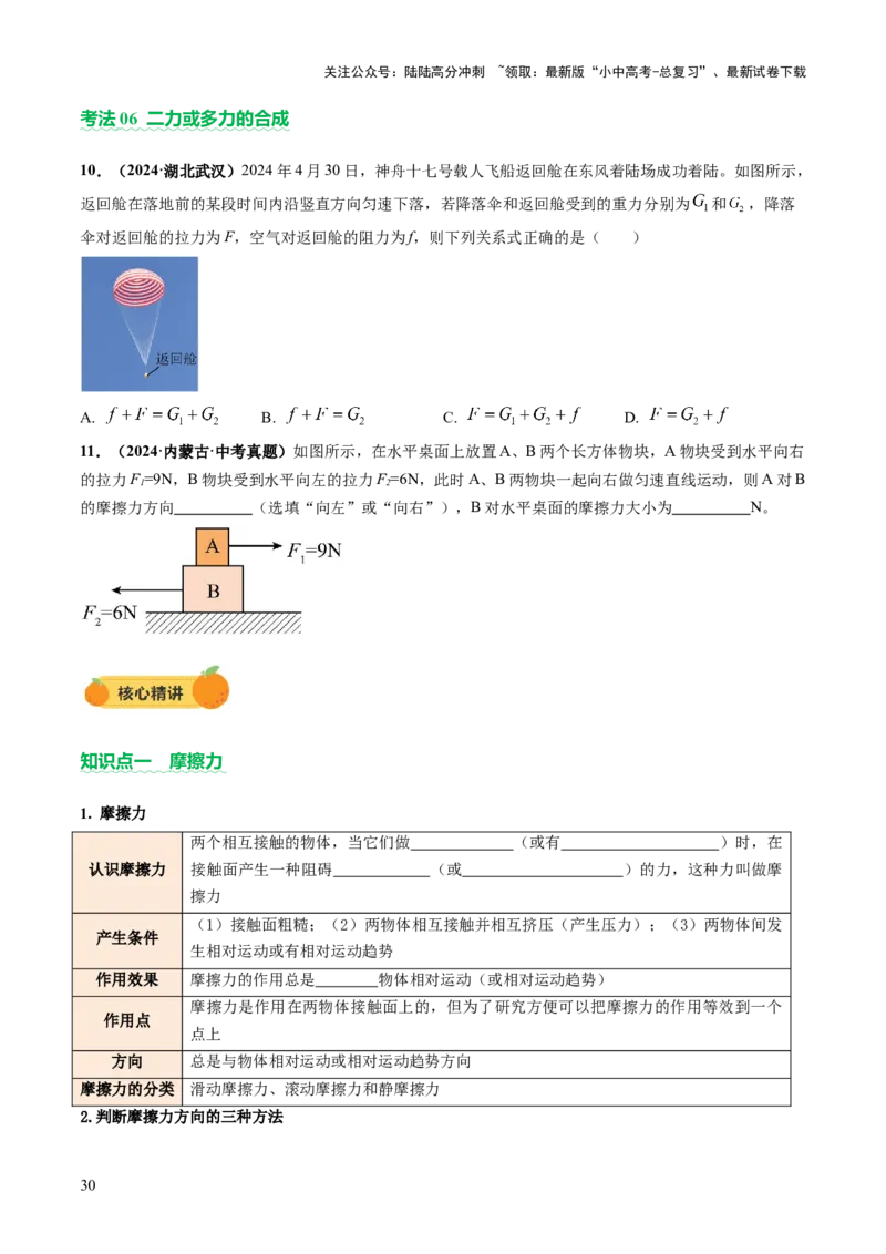 专题03运动和力（讲练）（原卷版）_02中考总复习（2026版更新中）_04-物理-中考总复习_2025年中考复习资料_2025中考二轮课件ppt+讲义+练习物理_讲义+练习