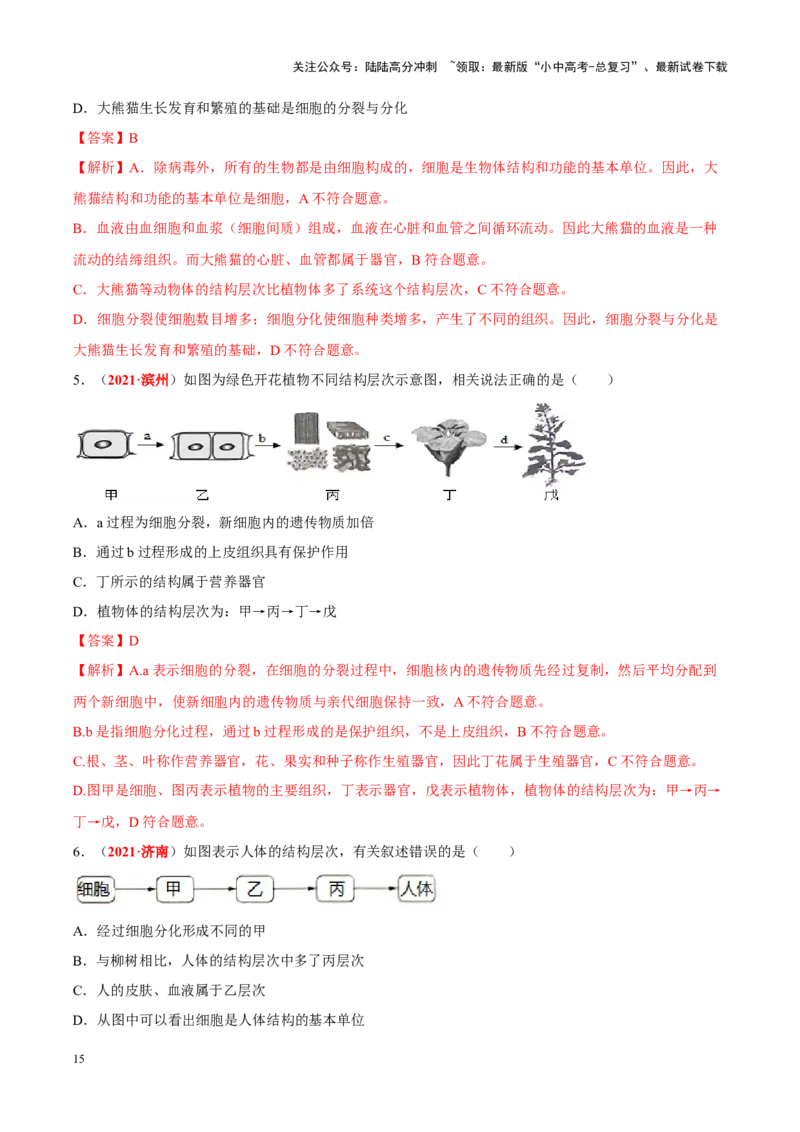 专题02&nbsp;生物体的结构层次（解析版）_02中考总复习（2026版更新中）_08-生物-中考总复习_2024年中考复习资料_专项复习_完三年（2021-2023）中考生物真题分项汇编（全国通用）_答案解析版