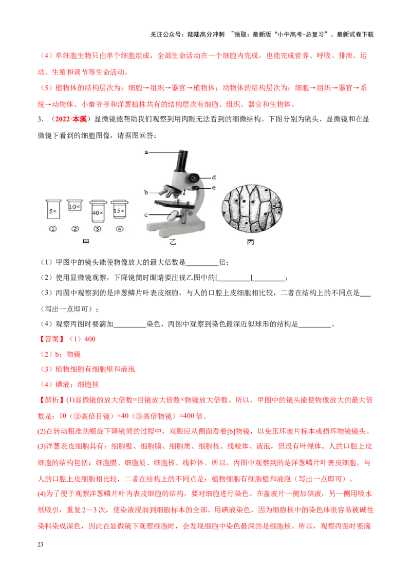 专题02&nbsp;生物体的结构层次（解析版）_02中考总复习（2026版更新中）_08-生物-中考总复习_2024年中考复习资料_专项复习_完三年（2021-2023）中考生物真题分项汇编（全国通用）_答案解析版