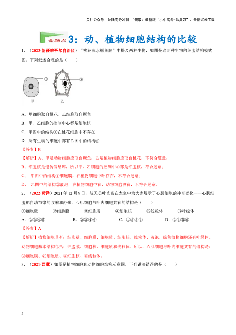 专题02&nbsp;生物体的结构层次（解析版）_02中考总复习（2026版更新中）_08-生物-中考总复习_2024年中考复习资料_专项复习_完三年（2021-2023）中考生物真题分项汇编（全国通用）_答案解析版