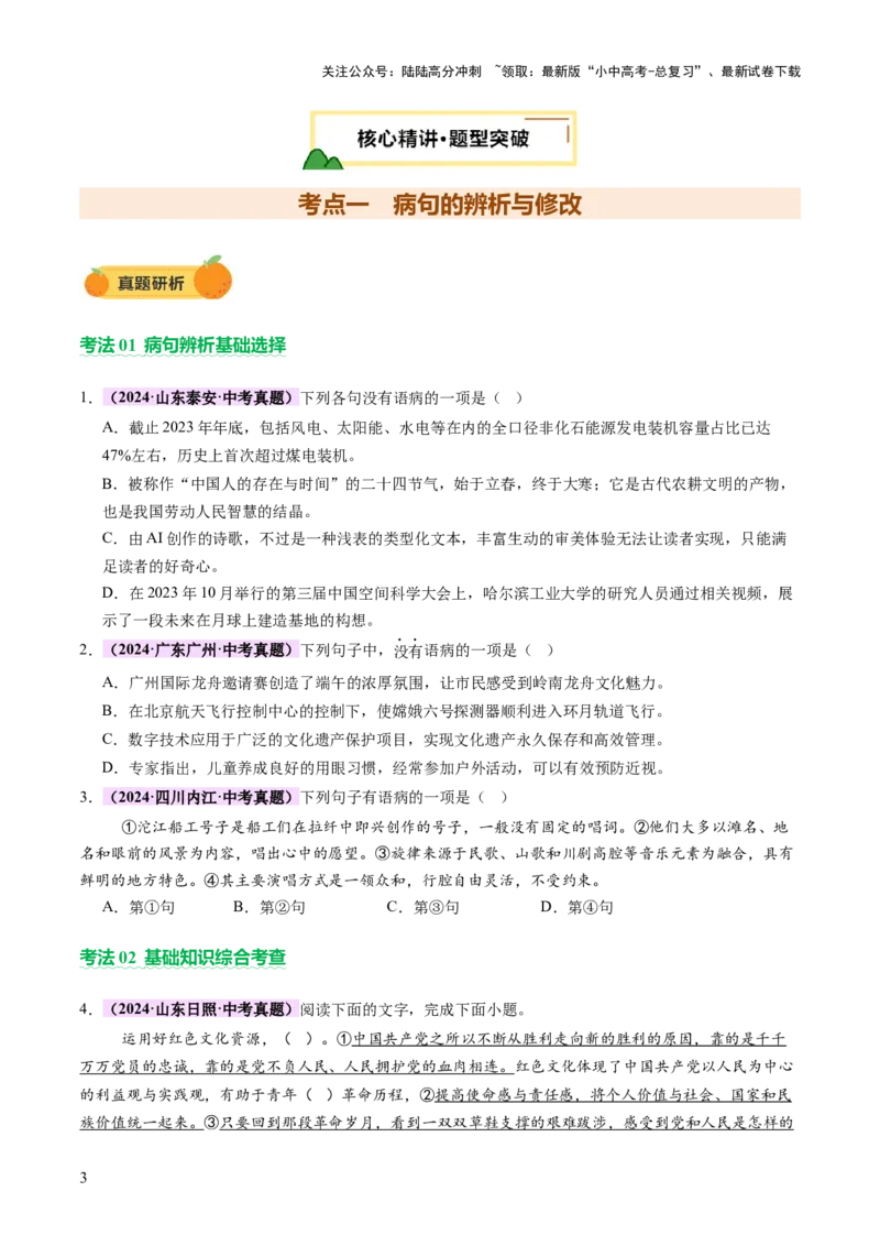 专题03句子（准确、连贯）（讲练）（原卷版）_02中考总复习（2026版更新中）_01-语文-中考总复习_2025年中考资料_2025中考二轮课件ppt+讲义+练习语文_讲义练习