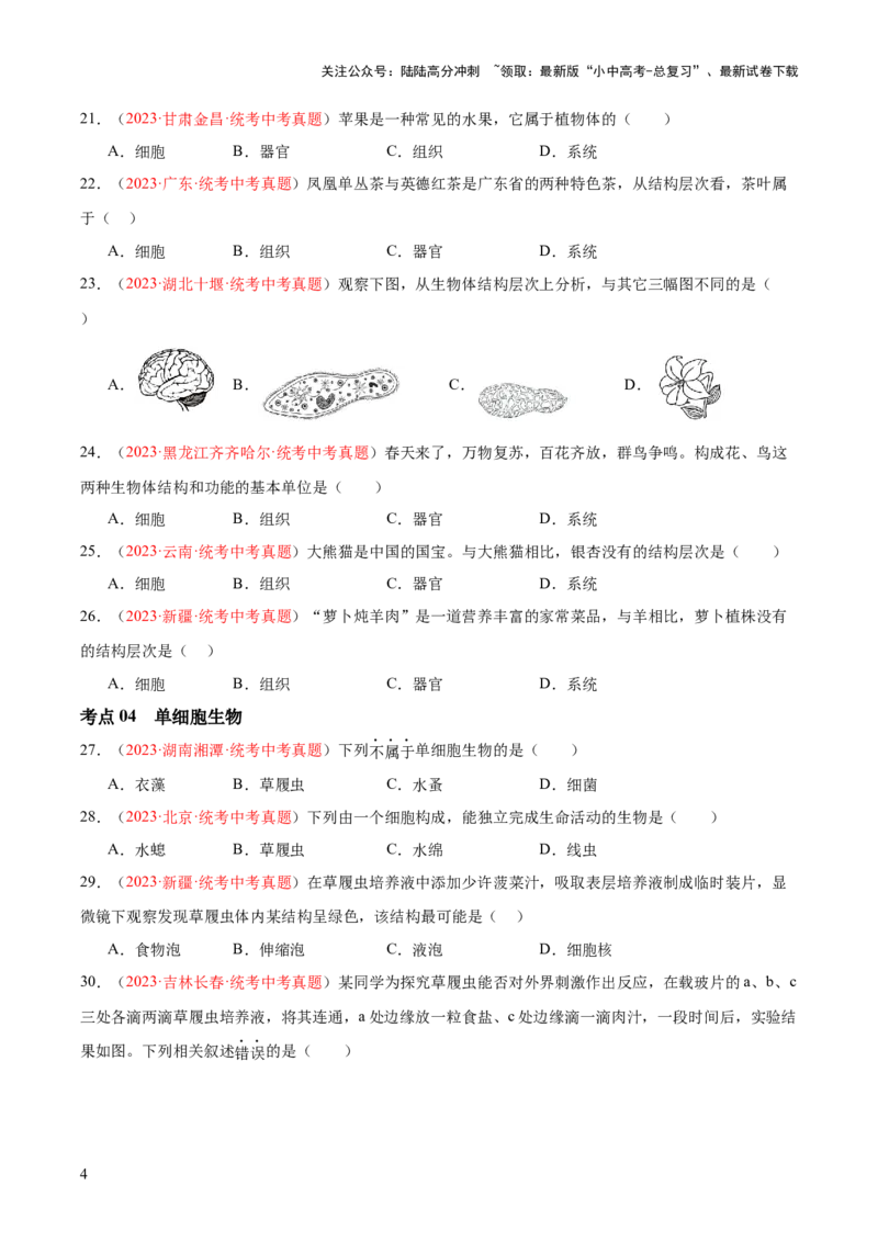 专题03细胞怎样构成生物体（原卷版）_02中考总复习（2026版更新中）_08-生物-中考总复习_2024年中考复习资料_一轮复习_❤备战2024年中考生物一轮复习考点帮（全国通用）_练习
