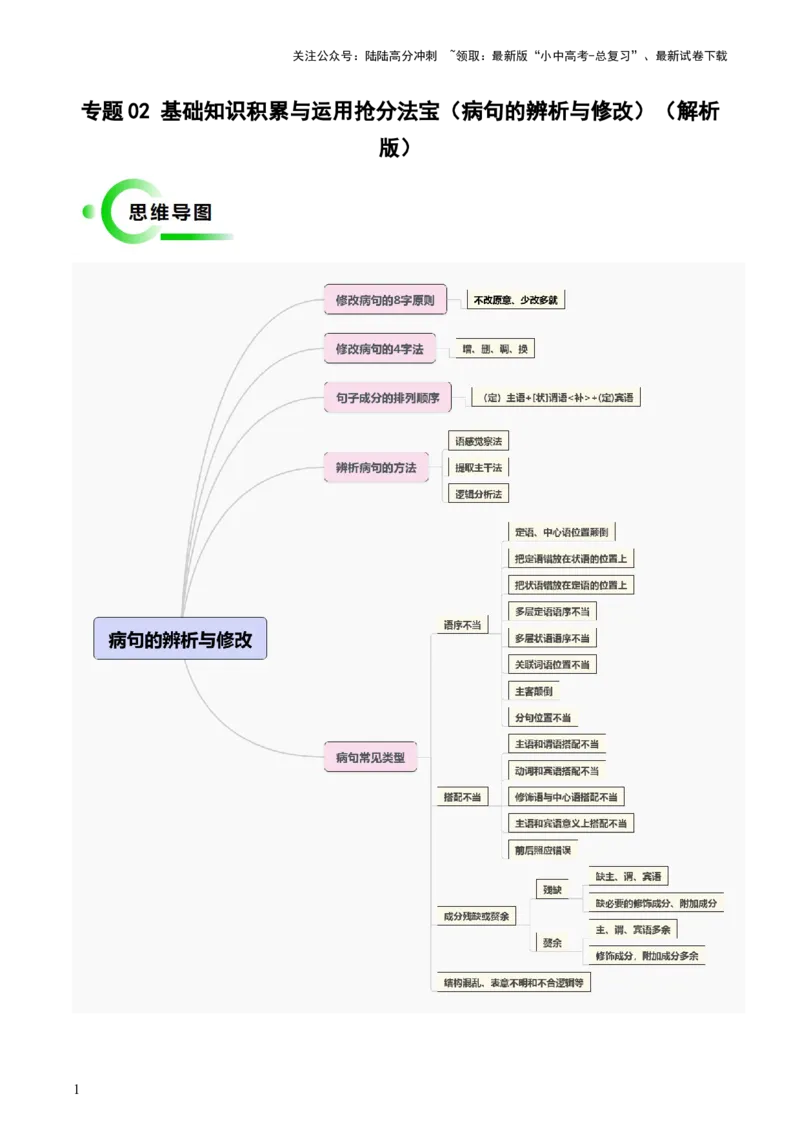 专题02基础知识积累与运用抢分法宝（病句的辨析与修改）（解析版）_02中考总复习（2026版更新中）_01-语文-中考总复习_2024年中考资料_三轮复习_备战2024年中考语文抢分秘籍（全国通用）