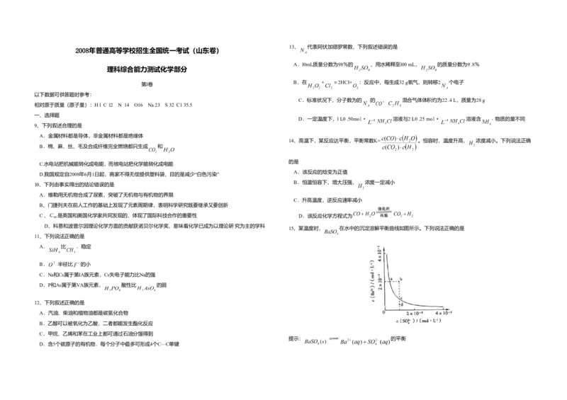2008年高考真题化学（山东卷）（原卷版）_全国卷+地方卷_5.化学_1.化学高考真题试卷_2008-2020年_地方卷_山东高考化学2008-2021_山东高考化学_A3版