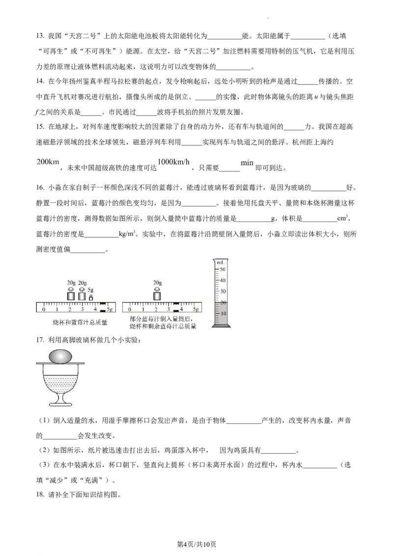 精品解析：2023年江苏省扬州市中考物理试题（原卷版）_江苏省中考_01江苏省13市中考历年真题2008-2025新_、中考全套_江苏省中考历年真题_江苏省中考物理2008-2024