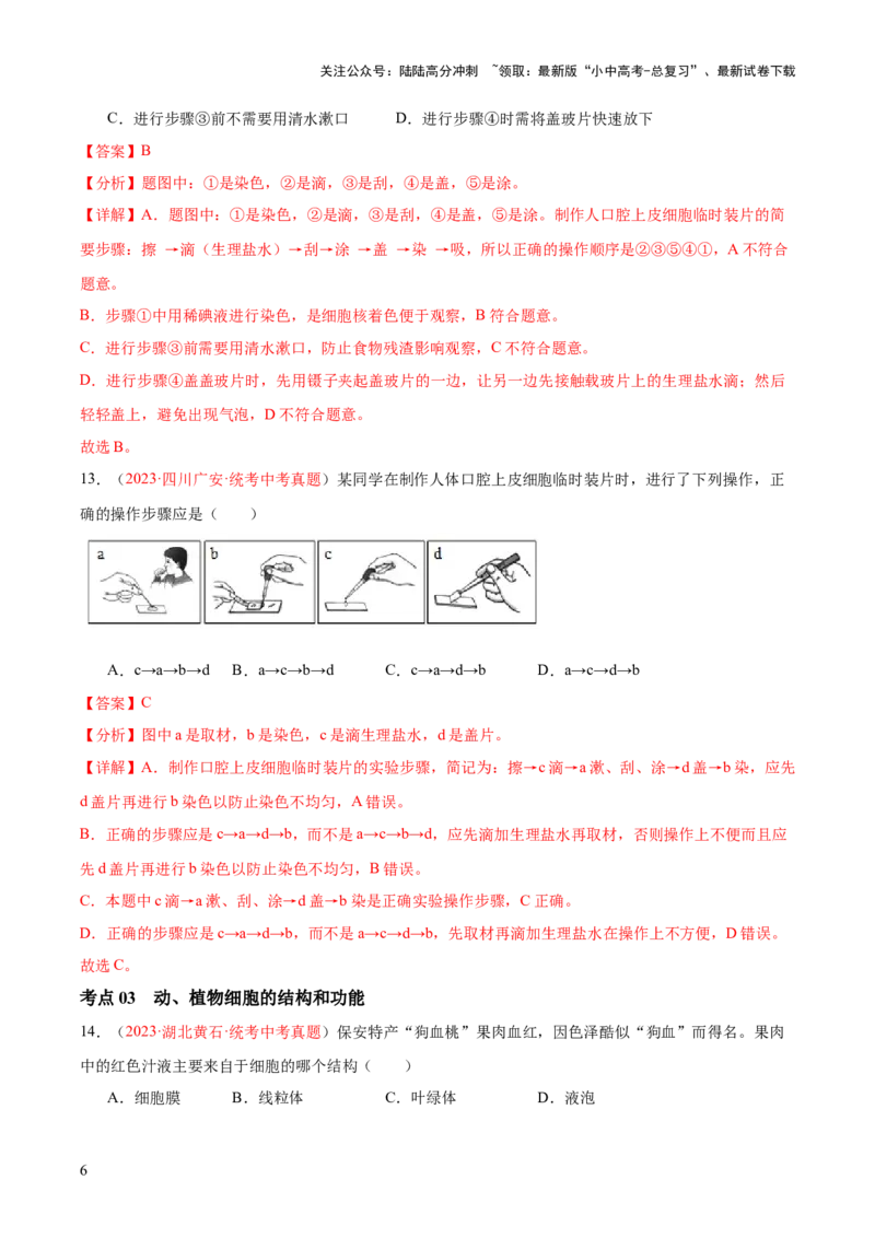 专题02细胞是生命活动的基本单位（解析版）_02中考总复习（2026版更新中）_08-生物-中考总复习_2024年中考复习资料_一轮复习_❤备战2024年中考生物一轮复习考点帮（全国通用）_练习