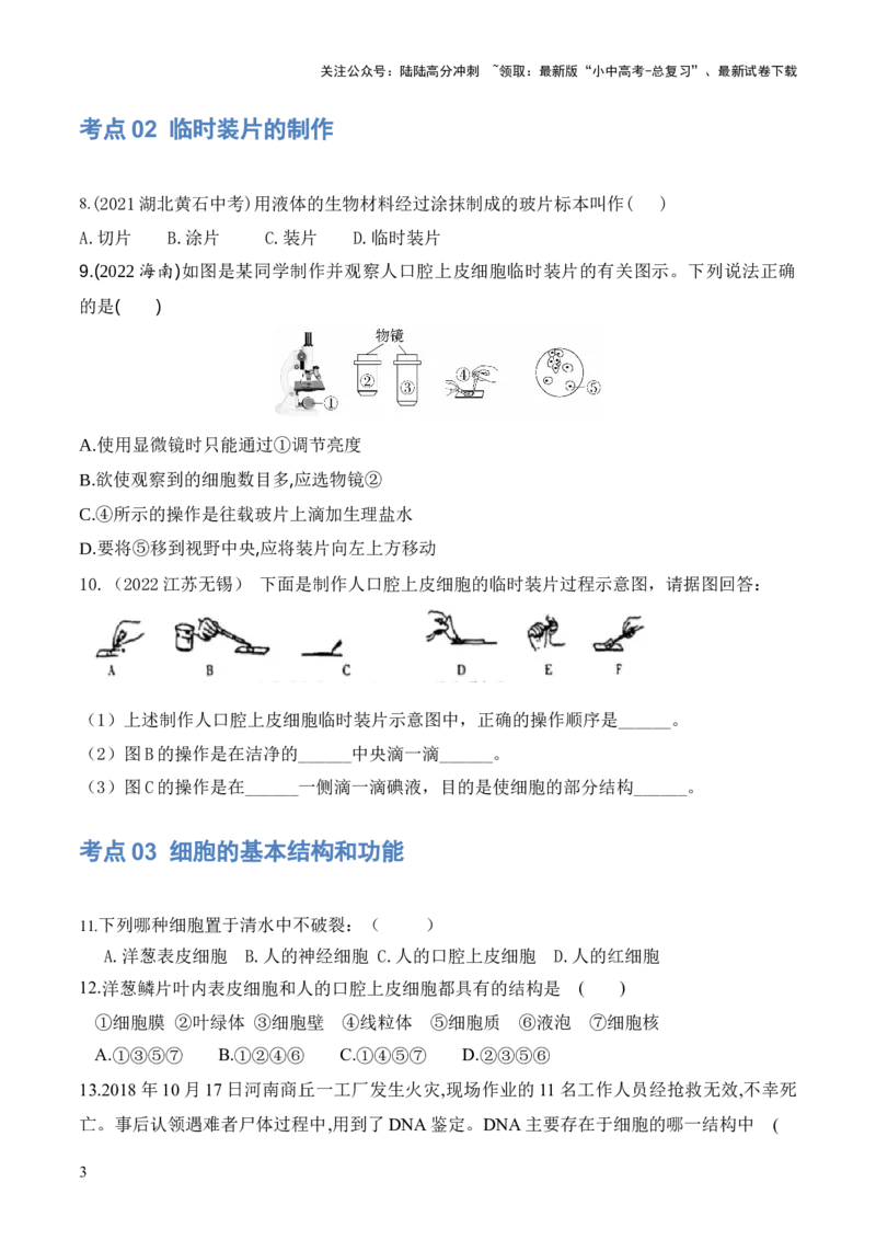 专题02细胞是生命活动的基本单位（练习）（原卷版）_02中考总复习（2026版更新中）_08-生物-中考总复习_2024年中考复习资料_一轮复习_❤2024年中考生物一轮复习讲练测（全国通用）_练习