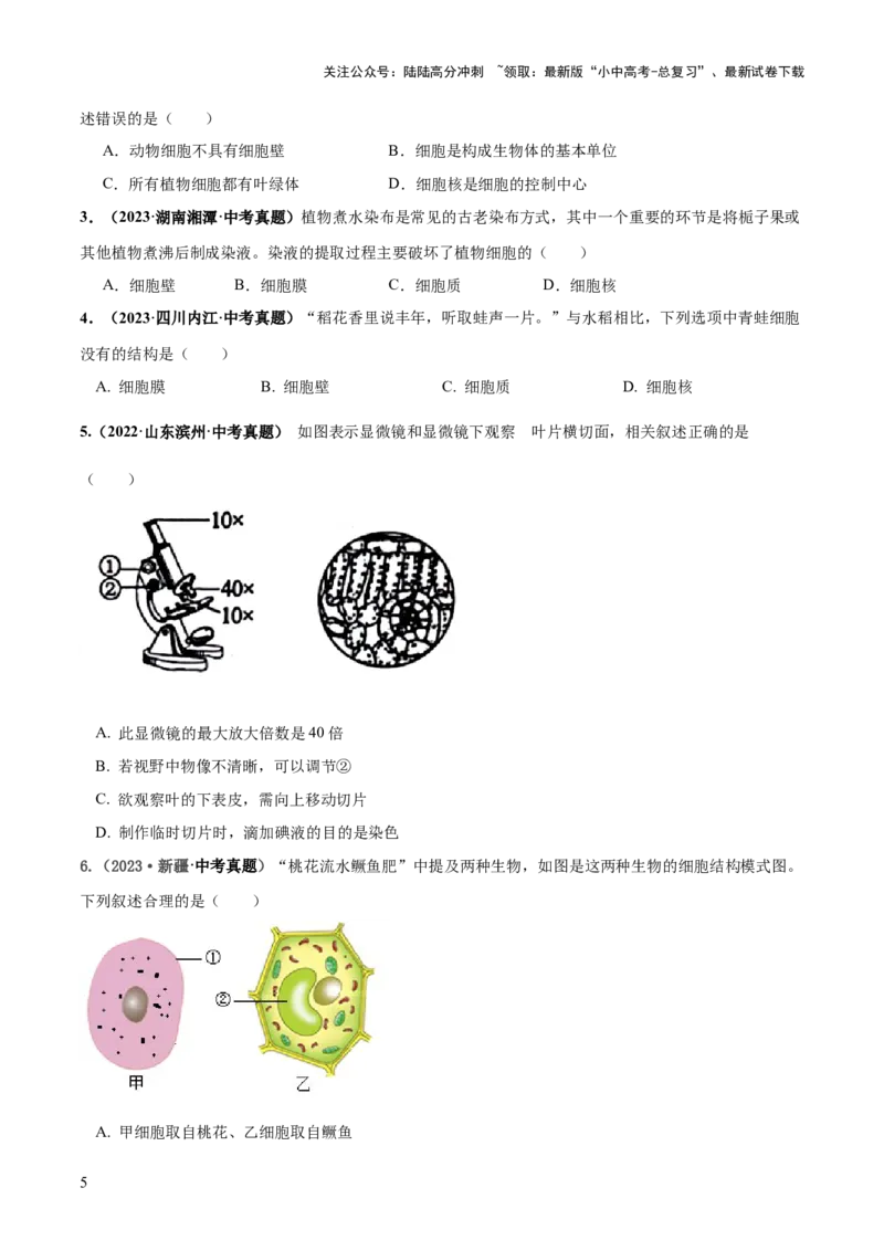 专题02细胞是生命活动的基本单位（练习）（原卷版）_02中考总复习（2026版更新中）_08-生物-中考总复习_2024年中考复习资料_一轮复习_❤2024年中考生物一轮复习讲练测（全国通用）_练习