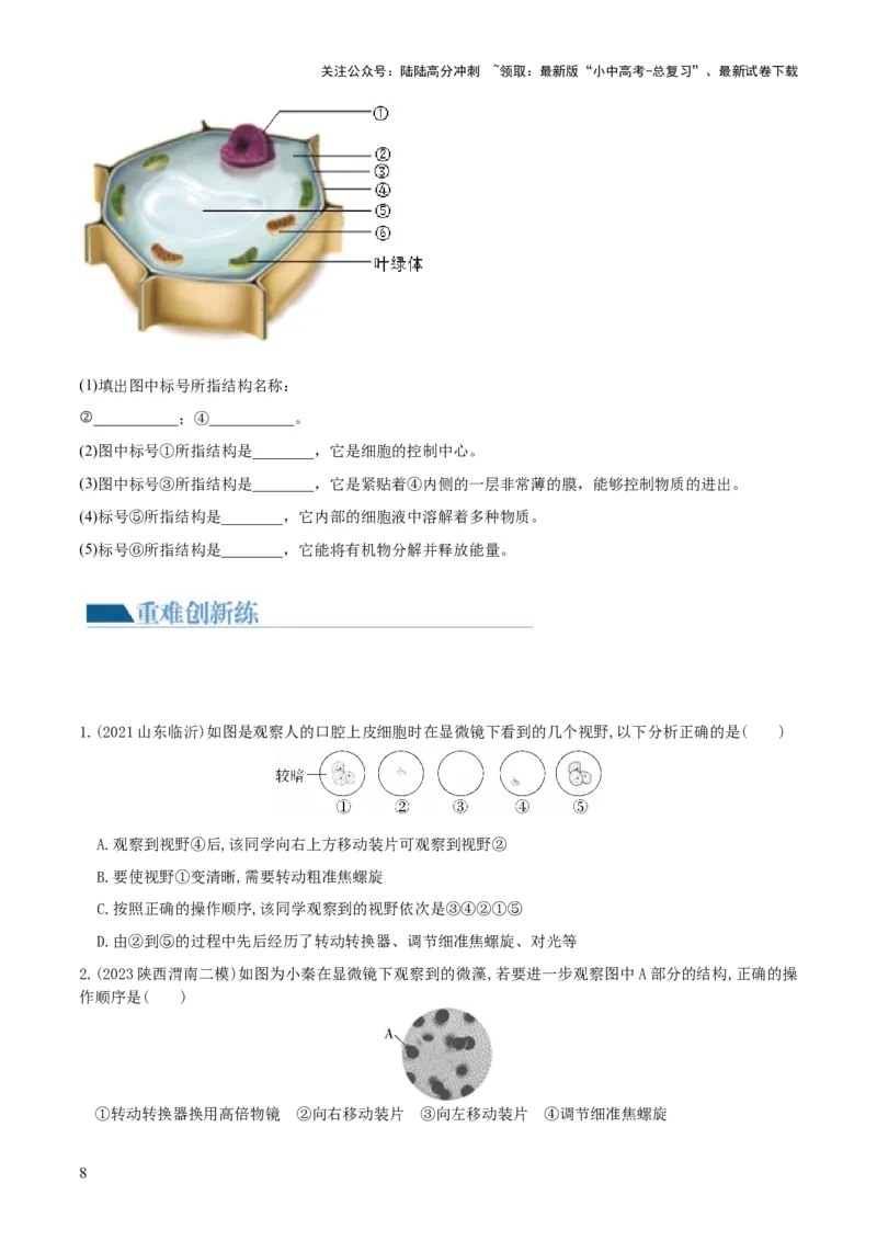 专题02细胞是生命活动的基本单位（练习）（原卷版）_02中考总复习（2026版更新中）_08-生物-中考总复习_2024年中考复习资料_一轮复习_❤2024年中考生物一轮复习讲练测（全国通用）_练习