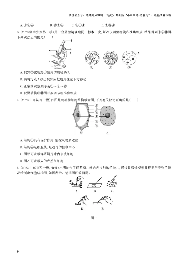 专题02细胞是生命活动的基本单位（练习）（原卷版）_02中考总复习（2026版更新中）_08-生物-中考总复习_2024年中考复习资料_一轮复习_❤2024年中考生物一轮复习讲练测（全国通用）_练习
