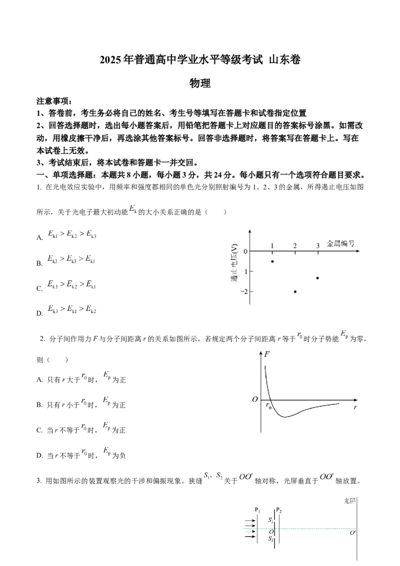 （网络参考版）山东省2025年高考真题物理试卷（含答案）_2025全国各省高考真题+答案_24、山东卷（物理、政治、化学、历史、生物、地理）_参考版本2