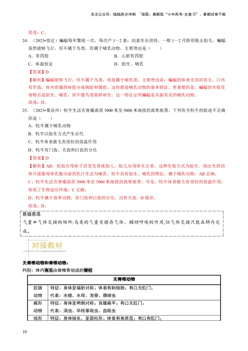 专题02动物的主要类群（解析版）_02中考总复习（2026版更新中）_08-生物-中考总复习_2024年中考复习资料_专项复习_备战2024年中考生物真题题源解密