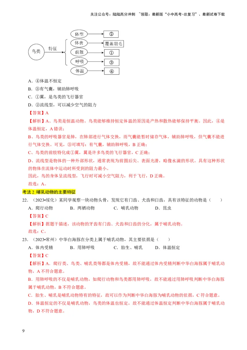 专题02动物的主要类群（解析版）_02中考总复习（2026版更新中）_08-生物-中考总复习_2024年中考复习资料_专项复习_备战2024年中考生物真题题源解密