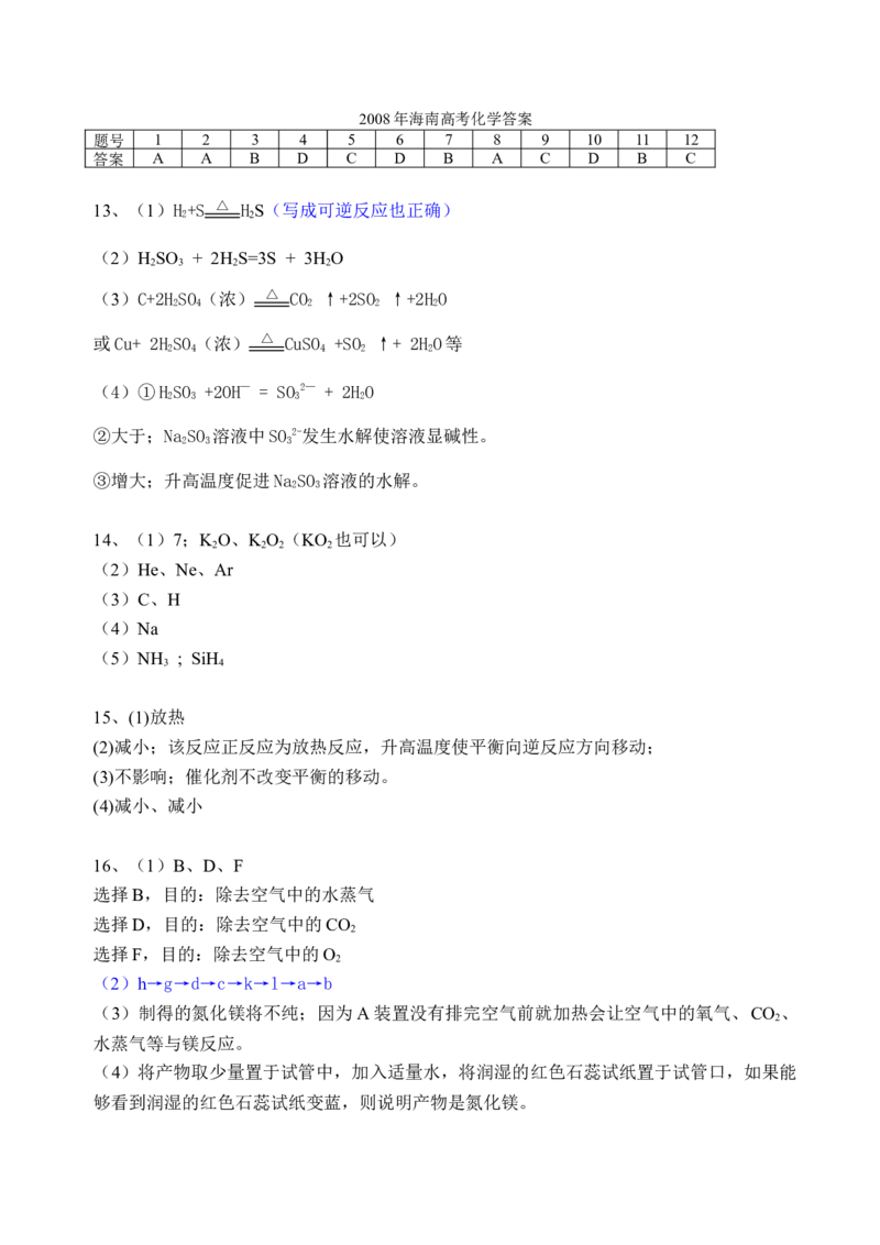 2008年海南高考化学试题及答案_全国卷+地方卷_5.化学_1.化学高考真题试卷_2008-2020年_地方卷_海南高考化学2008-2020_A4word版_答案版