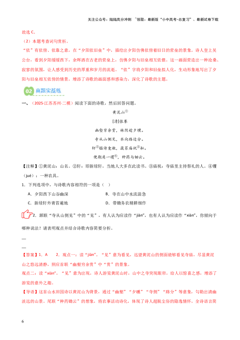 专题02：古诗词鉴赏之&ldquo;炼字&rdquo;(练习）解析版_02中考总复习（2026版更新中）_01-语文-中考总复习_2026年中考复习（更新中）