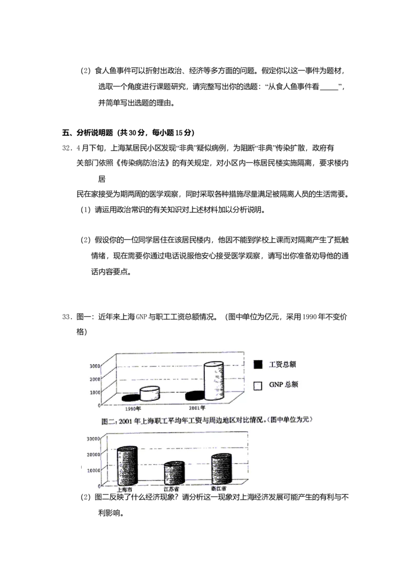 2003年上海市高中毕业统一学业考试政治试卷（原卷版）_全国卷+地方卷_9.政治_1.政治高考真题试卷_2008-2020年_地方卷_上海高考政治真题03-17