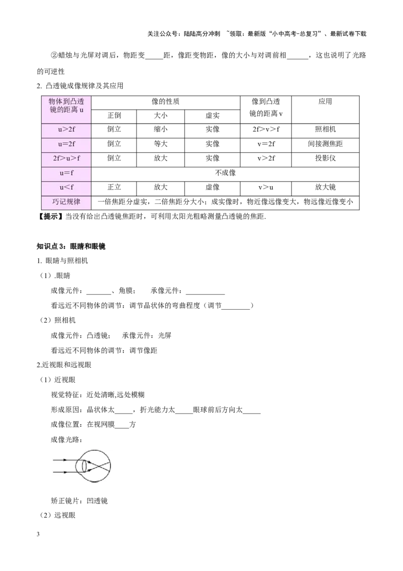 专题03透镜及其应用（原卷版）_02中考总复习（2026版更新中）_04-物理-中考总复习_2024年中考复习资料_一轮复习_完备战2024年中考物理一轮复习考点帮（全国通用）