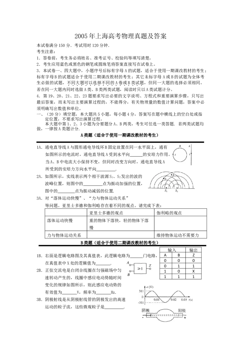 2005年上海高考物理真题及答案_全国卷+地方卷_4.物理_1.物理高考真题试卷_1990-2007年各地高考历年真题_上海