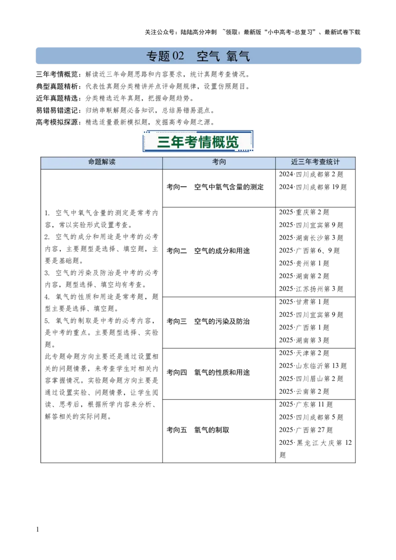 专题02空气氧气（解析版）_02中考总复习（2026版更新中）_05-化学-中考总复习_2026年中考复习（更新中）_备战2026年中考化学真题题源解密