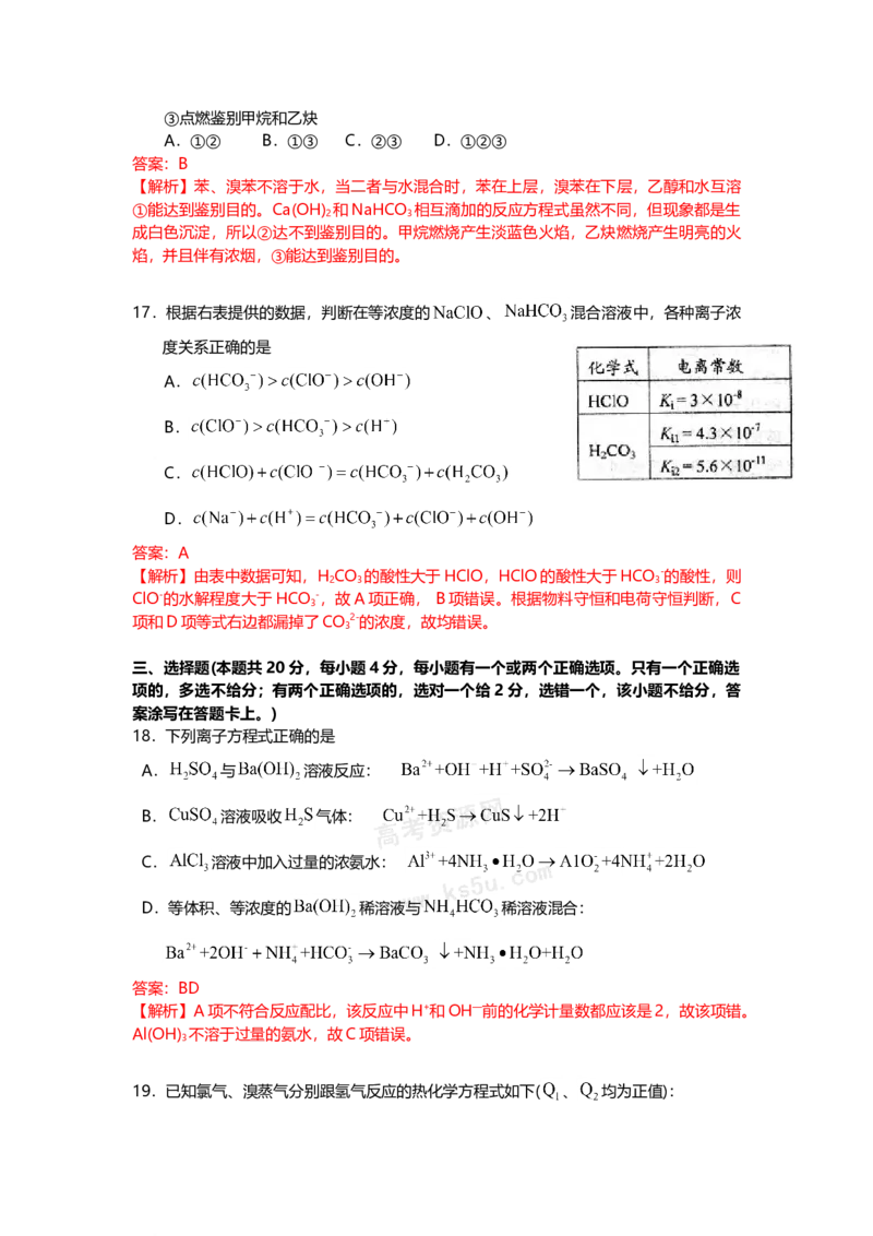 2009年上海市高中毕业统一学业考试化学试卷（word解析版）_全国卷+地方卷_5.化学_1.化学高考真题试卷_2008-2020年_地方卷_上海高考化学真题2001-2019