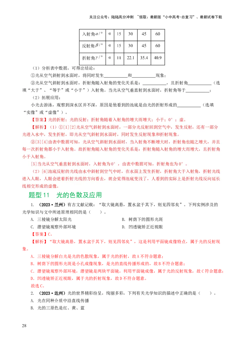 专题02光现象（练习）（解析版）_02中考总复习（2026版更新中）_04-物理-中考总复习_2024年中考复习资料_一轮复习_课件+讲义+练习2024年中考物理一轮复习讲练测（全国通用）