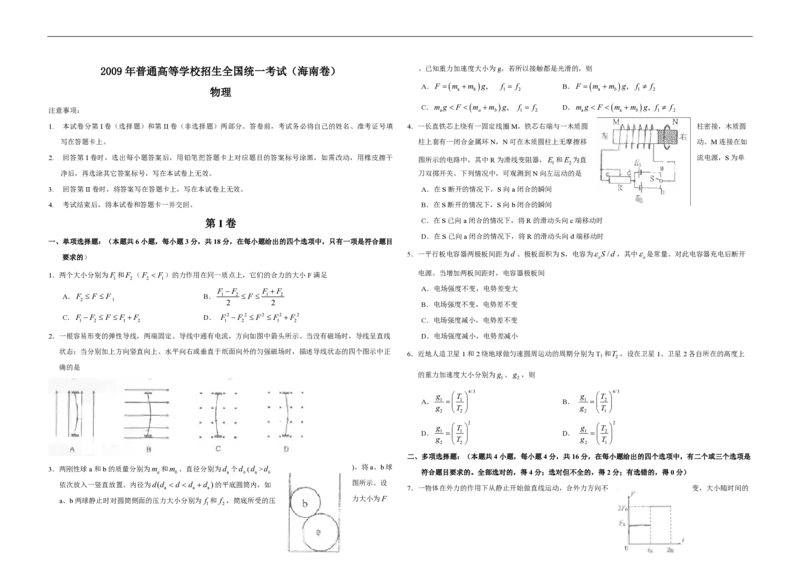 2009年海南高考物理（原卷版）_全国卷+地方卷_4.物理_1.物理高考真题试卷_2008-2020年_地方卷_海南高考物理08-20_A3word版_PDF版（赠送）