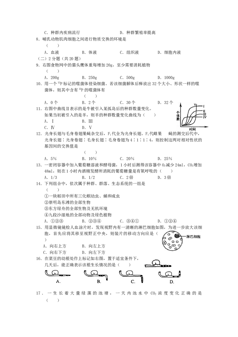 2006年上海高考生物真题及答案_全国卷+地方卷_6.生物_1.生物高考真题试卷_1990-2007年各地高考历年真题_上海