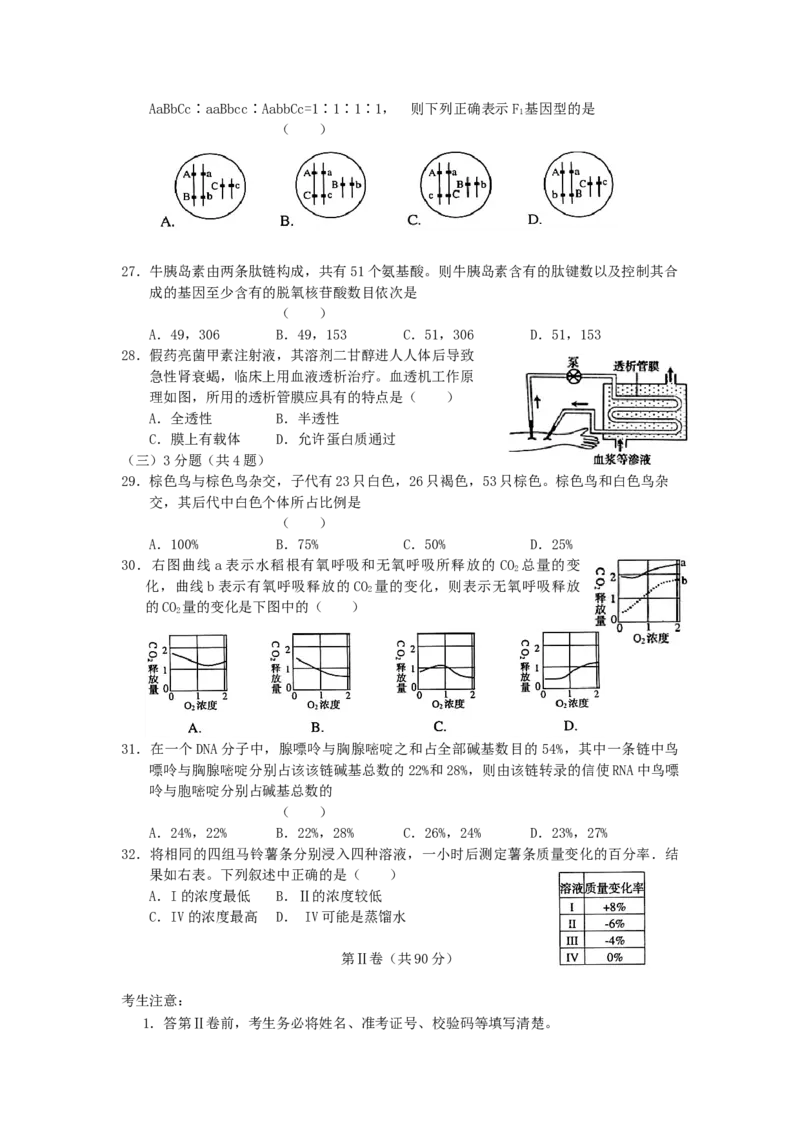 2006年上海高考生物真题及答案_全国卷+地方卷_6.生物_1.生物高考真题试卷_1990-2007年各地高考历年真题_上海