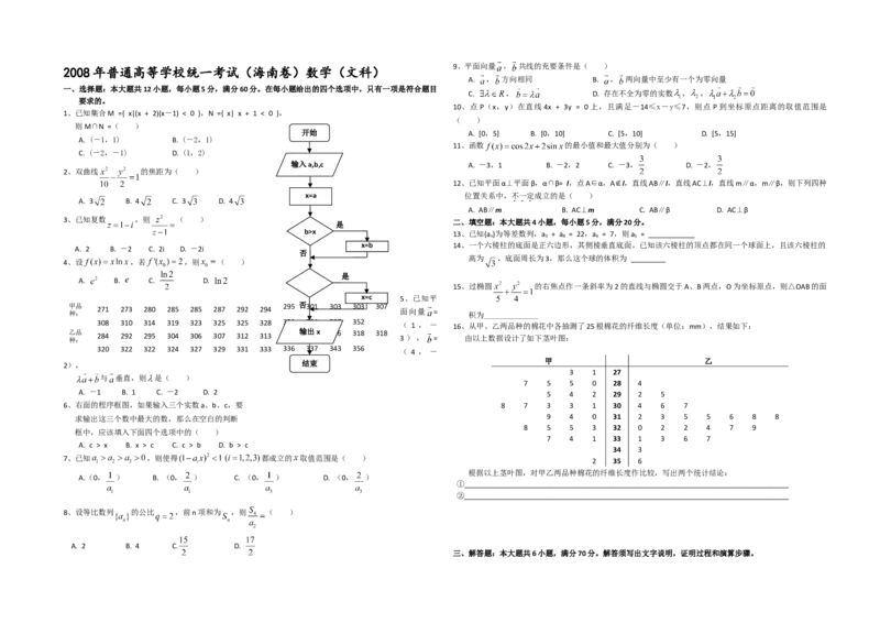 2008年海南省高考数学（原卷版）（文科）_全国卷+地方卷_2.数学_1.数学高考真题试卷_2008-2020年_地方卷_海南高考数学08-22_A3word版_原卷版（建议只打印原卷版，答案版手机对答案即可）