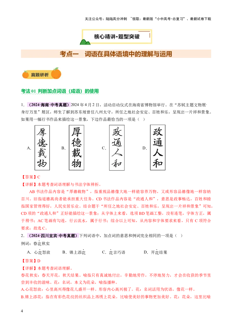 专题02词语（理解、辨析、运用）（讲练）（解析版）_02中考总复习（2026版更新中）_01-语文-中考总复习_2025年中考资料_2025中考二轮课件ppt+讲义+练习语文_讲义练习
