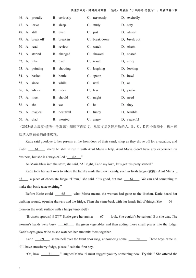 专题02完形填空（1-5空题）-5年（2019-2023）中考1年模拟英语真题分项汇编（全国通用）（原卷版）_02中考总复习（2026版更新中）_03-英语-中考总复习_2024年中考复习资料_专项复习资料