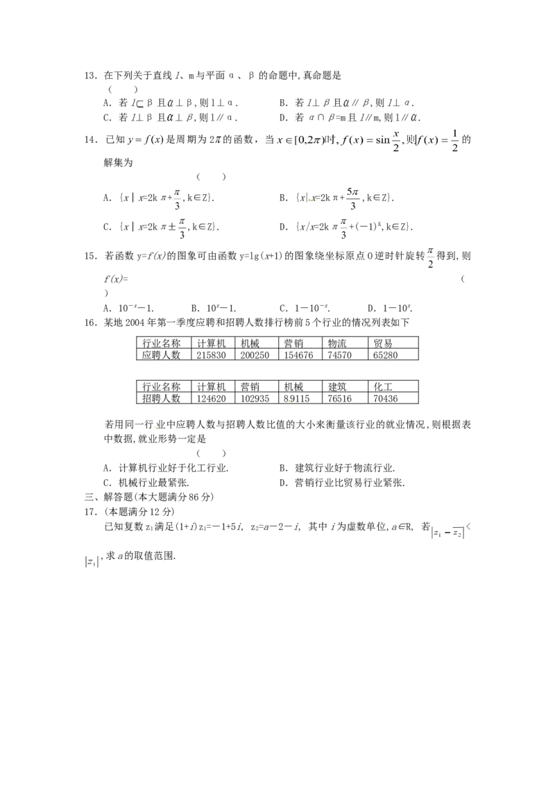 2004年上海高考数学真题（理科）试卷（原卷版）_全国卷+地方卷_2.数学_1.数学高考真题试卷_2008-2020年_地方卷_上海高考数学真题02-21